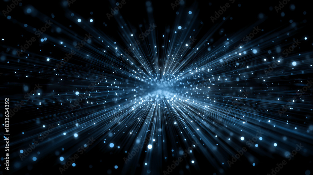 Naklejka premium Diverging blue light lines and many glowing dots on a black background.