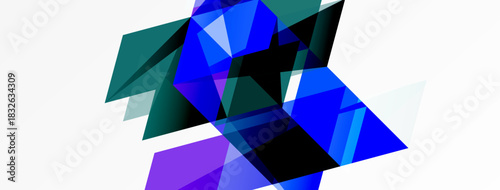 Abstract geometric shapes overlap, creating dynamic composition. Blues, purples dominate white background. Modern design elements present.