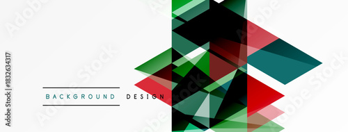 Abstract geometric shapes overlap, creating dynamic visual effect. Red, green, black hues dominate design. Minimalist style, clean lines present.