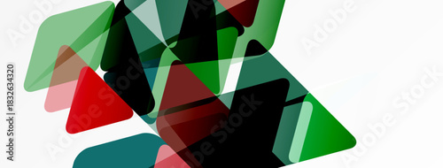 Abstract geometric shapes overlap. Green, red, black hues dominate composition. Minimalist design, modern aesthetic.