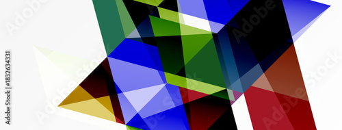 Abstract geometric composition. Overlapping shapes create dynamic visual experience. Colors blend, forming complex patterns.