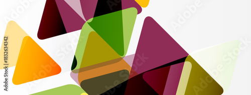 Abstract geometric shapes overlap. Triangles dominate composition, using varied colors, creating dynamic visual texture. Minimalist design.