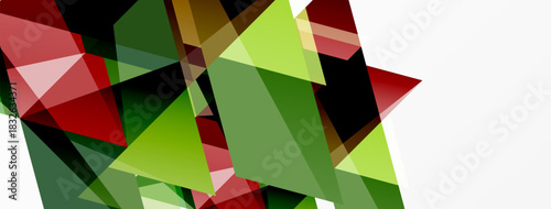 Abstract geometric shapes overlap, creating dynamic composition. Greens, reds dominate with white space. Modern design elements present.