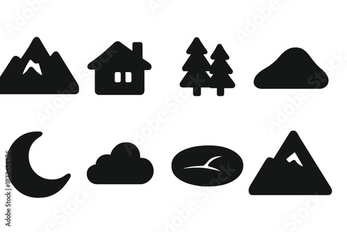 Winter Alpine Icons. Winter alpine landscape. Filled icon set of Winter alpine landscape: mountain range,