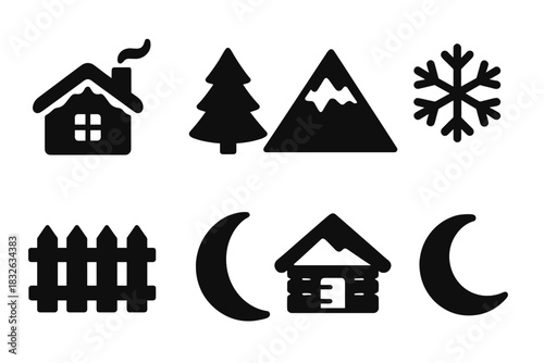 Snowy Cabin Icons. Snowy mountain cabin. Filled icon set of Snowy mountain cabin: cabin silhouette,