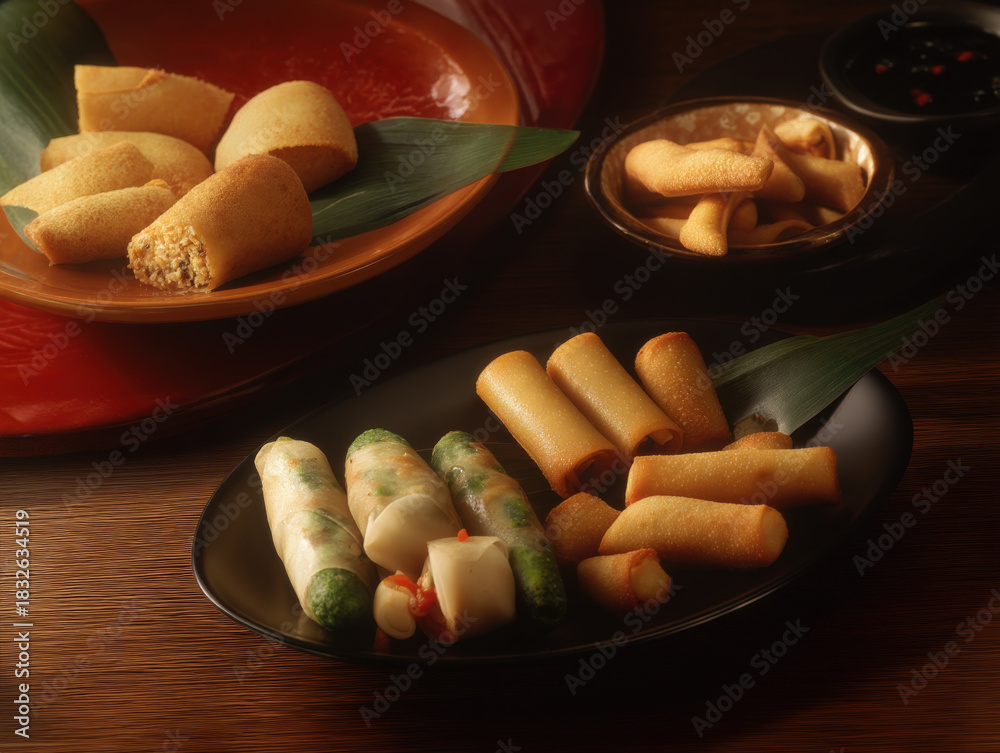 custom made wallpaper toronto digitalVariety of Asian Spring Rolls and Dumplings Served on Plates with Dipping Sauce, Featuring Fried and Fresh Rolls, Perfect for Appetizers or a Shared Meal