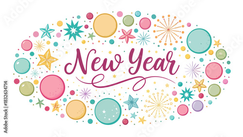 Festive and youthful Happy New Year 2026 vector greeting card with playful typography and colorful confetti.