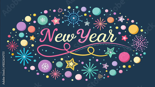 Festive and youthful Happy New Year 2026 vector greeting design featuring playful typography and vibrant, colorful confetti.