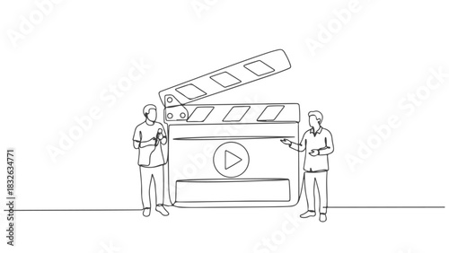 One Line Art Continuous Clapboard Illustration with People in a Single Line Drawing