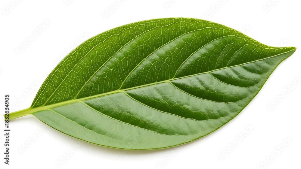 Obraz premium Green Cocoa Leaf Isolated on White, Cacao Plant Foliage, Tropical Leaf Botanical Image, Fresh Cocoa Leaf