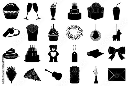 Birthday and Celebration Party Icons Silhouette Keywords: cupcake, champagne glasses, milkshake