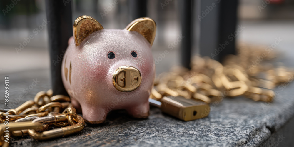 custom made wallpaper toronto digitalPink Piggy Bank with Golden Accents Surrounded by Gold Chain and Padlock, Financial Security and Savings Concept