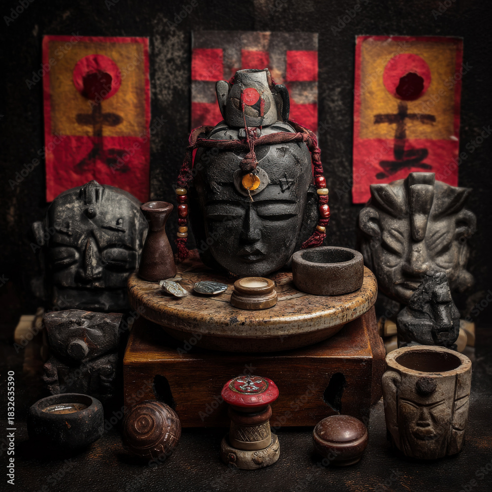 custom made wallpaper toronto digitalMystical Still Life with Stone Carvings, Ritual Objects, and Ancient Symbols, Evoking Spirituality, Tradition, and Cultural Heritage in Dark and