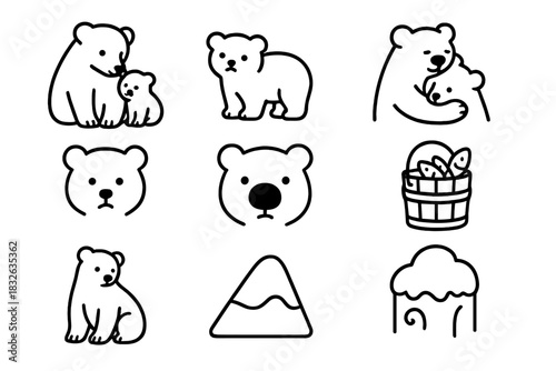 Cute Polar Bear Icons. Cute polar bear illustration. Line outline icon set of Cute polar bear illustration: