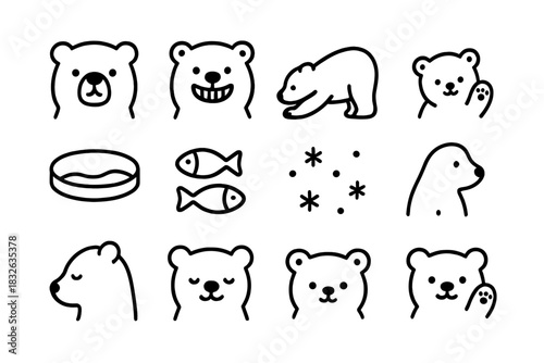 Cute Polar Bear Icons. Cute polar bear illustration. Line outline icon set of Cute polar bear illustration: