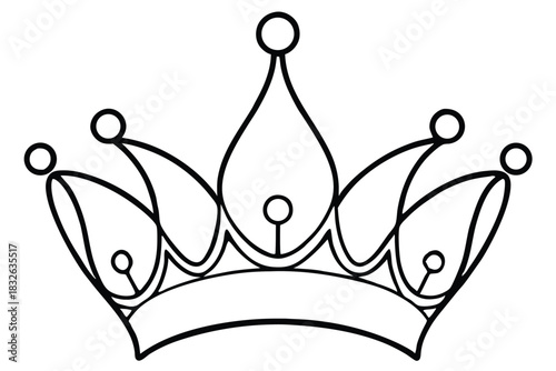 Outlined royal crown with circular jewels stands tall over a curved band in stark black