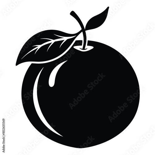 Single black apple with leaves showcases a clean fruit illustration