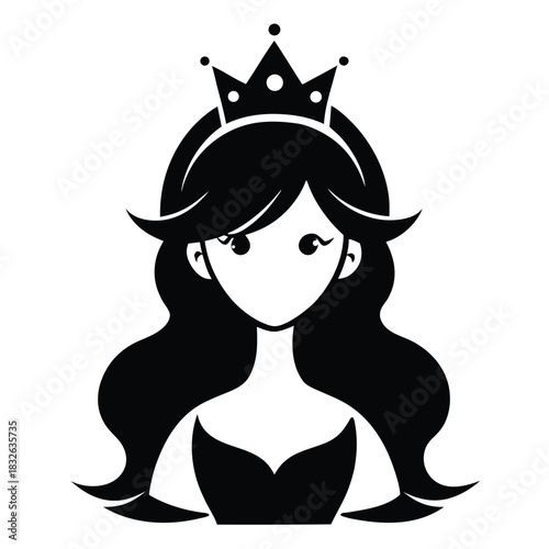 Stylized monochrome icon shows a princess with a crown and long hair