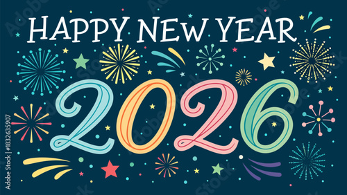 Fresh, vibrant Happy New Year 2026 vector illustration featuring bold text and celebratory graphics, ideal for holiday promotions.