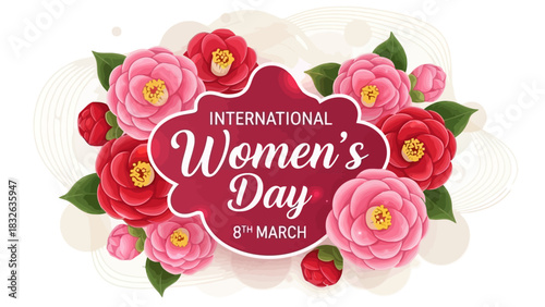 A beautiful floral arrangement of pink and red blooming camellias designed for a festive women's holiday greeting card