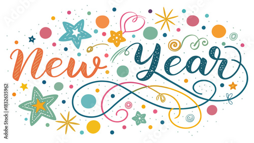 Fun and celebratory New Year 2026 artwork with fireworks, confetti, and a festive champagne toast, perfect for holiday greetings.