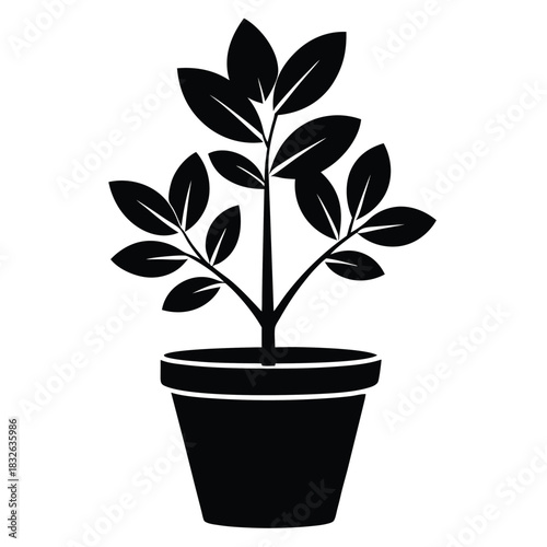 Simple potted plant silhouette shows leaves and stem in a monochrome minimal graphic