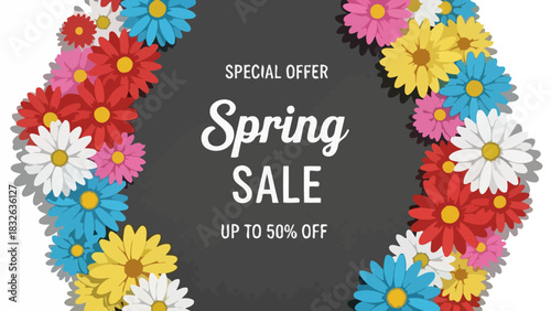 Spring Sale Announcement with Colorful Floral Elements and Up to 50% Off Discount