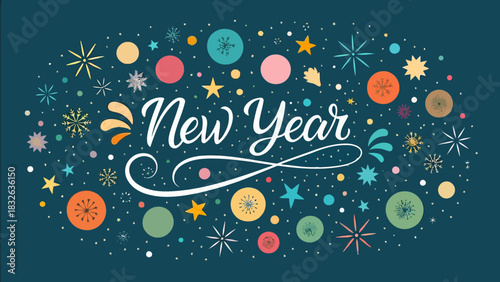 Fun, energetic New Year 2026 vector illustration with bold typography, colorful splashes, and celebratory confetti for a dynamic greeting.