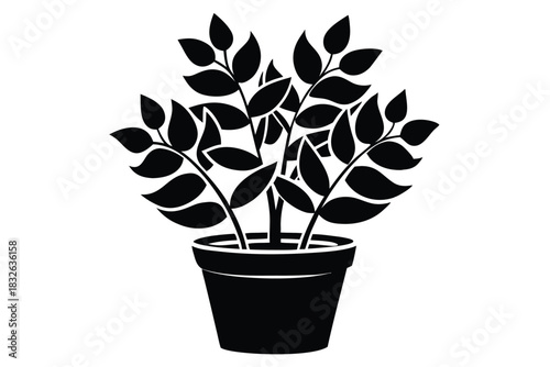 Potted plant displaying stylized leaves inside the rounded container shows minimalist and nature focused design