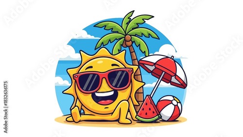 Joyful Summer Illustration with Smiling Sun, Palm Tree, and Beach Elements