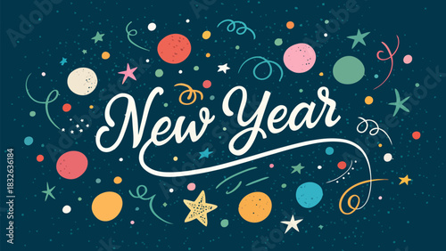 Energetic New Year 2026 vector illustration featuring abstract colorful textures, dynamic lines, and celebratory elements for a vibrant greeting.