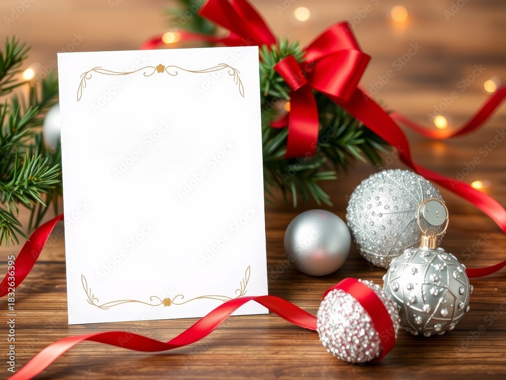 Obraz premium Blank christmas greeting card mockup with silver ornaments and red ribbon