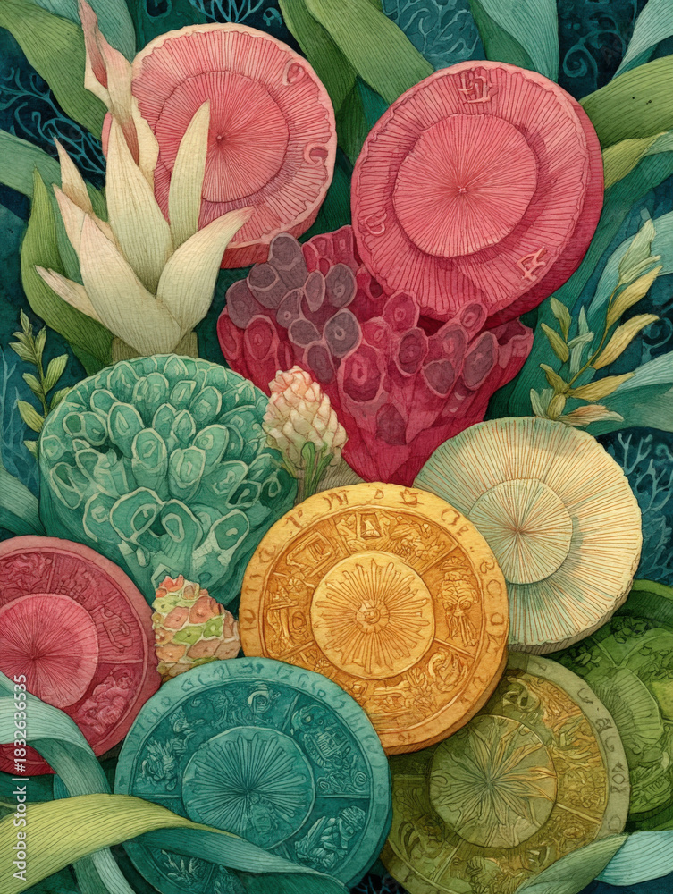 custom made wallpaper toronto digitalWatercolor Illustration of Ancient Coins and Botanical Elements in Pink, Green, Gold, and Teal Tones, Depicting History, Nature, and Artistic Expression
