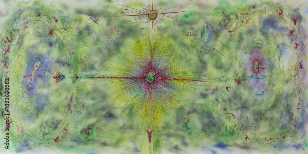 custom made wallpaper toronto digitalAbstract Watercolor Painting with Radial Symmetry, Green and Red Tones, Surreal Landscape, Dreamlike Art, and Spiritual Symbolism for Creative Backgrounds