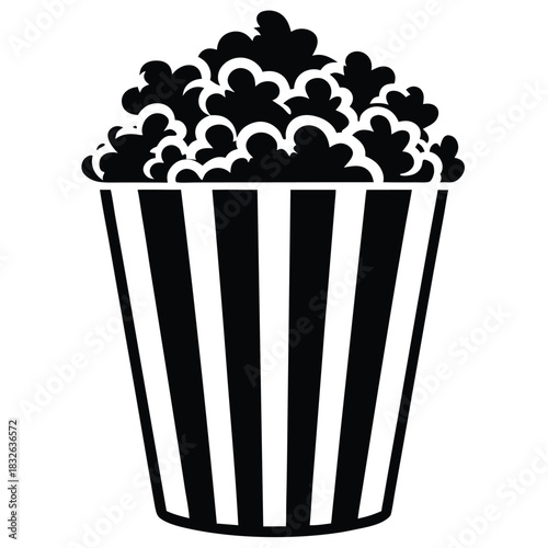 Black and white shows a classic striped popcorn bucket fully loaded