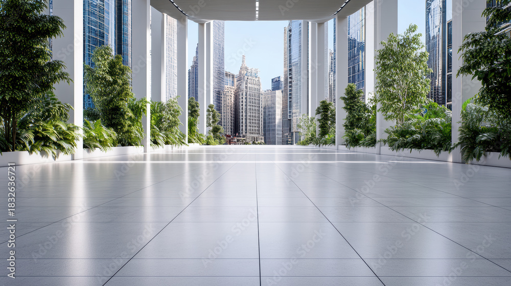 Fototapeta premium Open atrium walkway with city skyline view and lush indoor plants, serene atmosphere