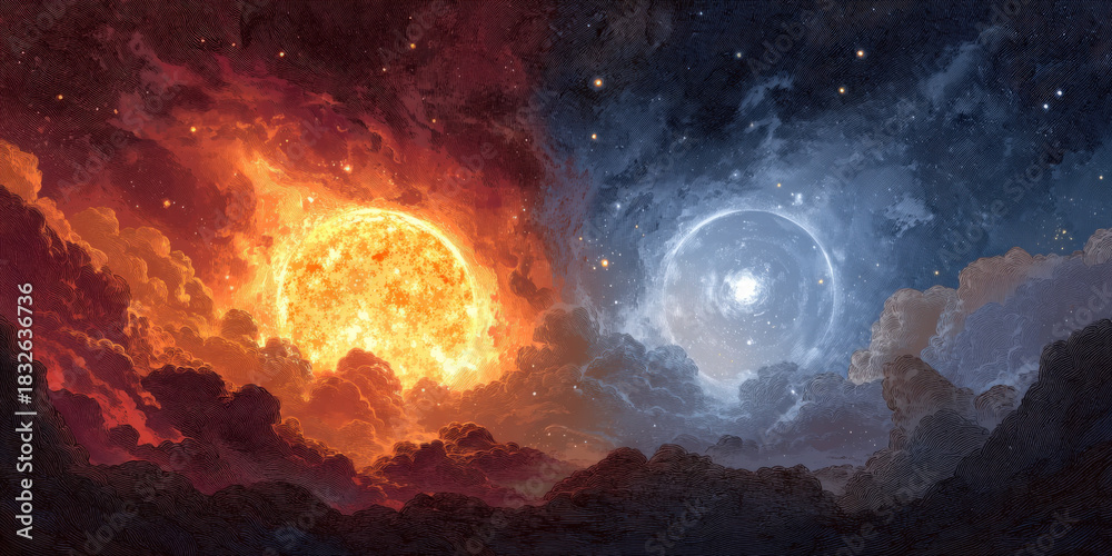 custom made wallpaper toronto digitalDramatic Sci-Fi Landscape Featuring a Fiery Sun and a Cold Blue Planet Amidst Swirling Clouds and Stars, Evoking a Sense of Cosmic Wonder and Duality