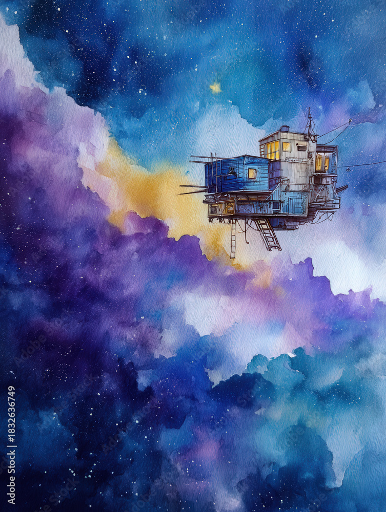 custom made wallpaper toronto digitalWatercolor Painting of a Futuristic Building Floating in Space with Stars and Clouds, Fantasy Architecture in the Cosmos, Science Fiction Art
