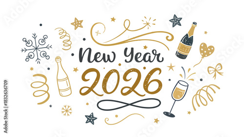 New year 2026 celebration with champagne bottles, snowflakes, stars and decorative swirls design
