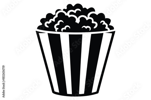 Black silhouette presents a full bucket of appetizing popcorn with white stripes
