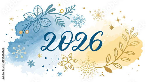 Illustration of the year two thousand and twenty six with floral and snowflake decorations around it