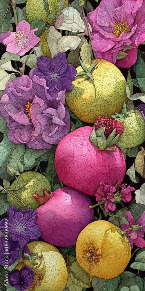 custom made wallpaper toronto digitalBotanical Still Life: Colorful Flowers and Textured Fruits in a Dark Garden Setting, Featuring Pink, Purple, and Yellow Hues, and Lush Green Leaves