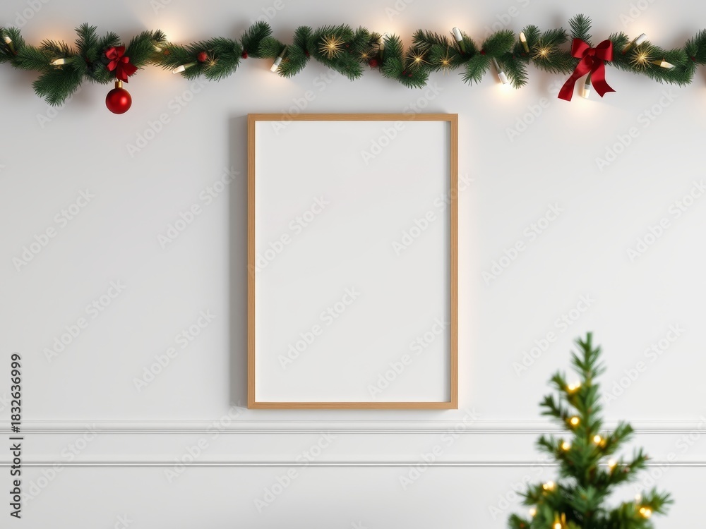 Fototapeta premium Blank wooden frame mockup hanging on white wall with christmas garland