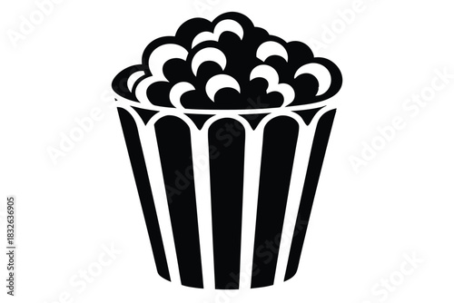A full container of popcorn is seen in this simple, stylized black icon