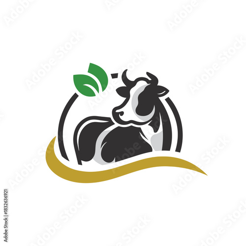 A stylized logo featuring a black and white dairy cow resting, with green leaves and a golden swoosh, symbolizing natural and fresh farm products.