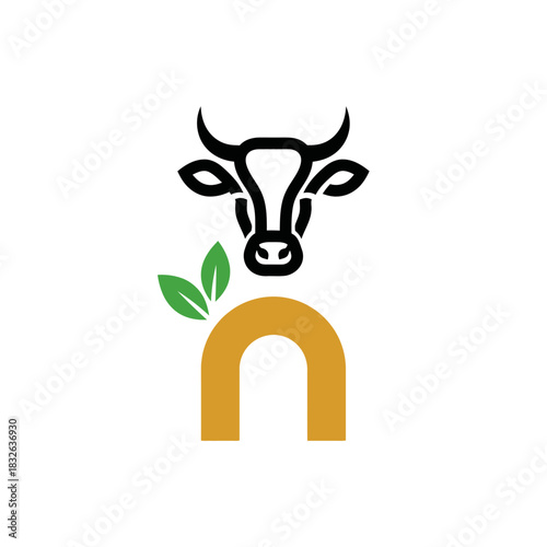 A minimalist logo featuring a black cow head, green leaves, and a golden arch-like 'n' shape, symbolizing nature and agriculture.