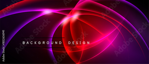 Abstract neon lines create dynamic flow. Vibrant magenta, purple, red hues blend over black background. Modern design element.