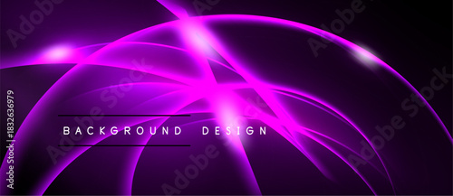 Abstract purple design features flowing lines, bright highlights. Dark background creates dramatic visual effect. Text reads background design.