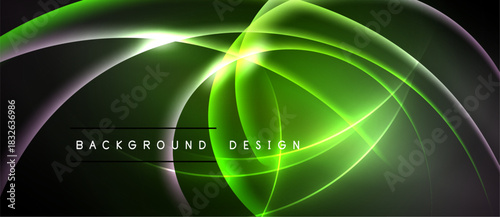 Abstract neon lines create dynamic curves, glowing shapes. Dark background emphasizes bright green, yellow energy flow. Modern design element.