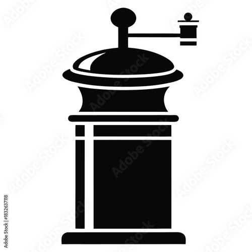 A black coffee grinder object stands isolated on a white background ready for coffee making